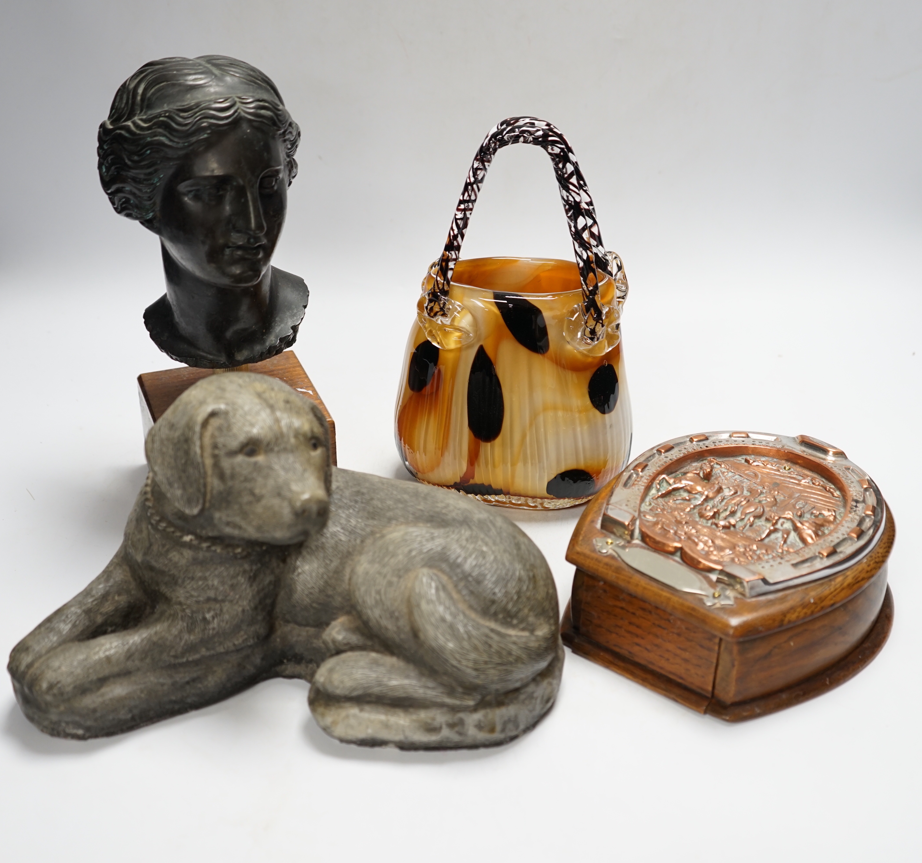 An early 20th century Italian signed bust of a lady, a studio glass basket, model of a dog and a cribbage set (4)